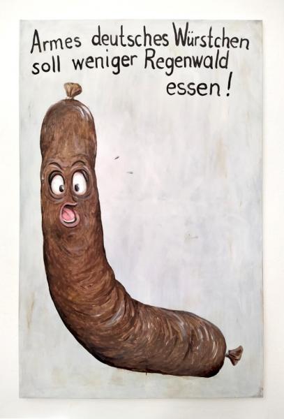 "Armes deutsches Würstchen soll weniger Regenwald essen!" – "Poor German sausage should eat less rainforest!",